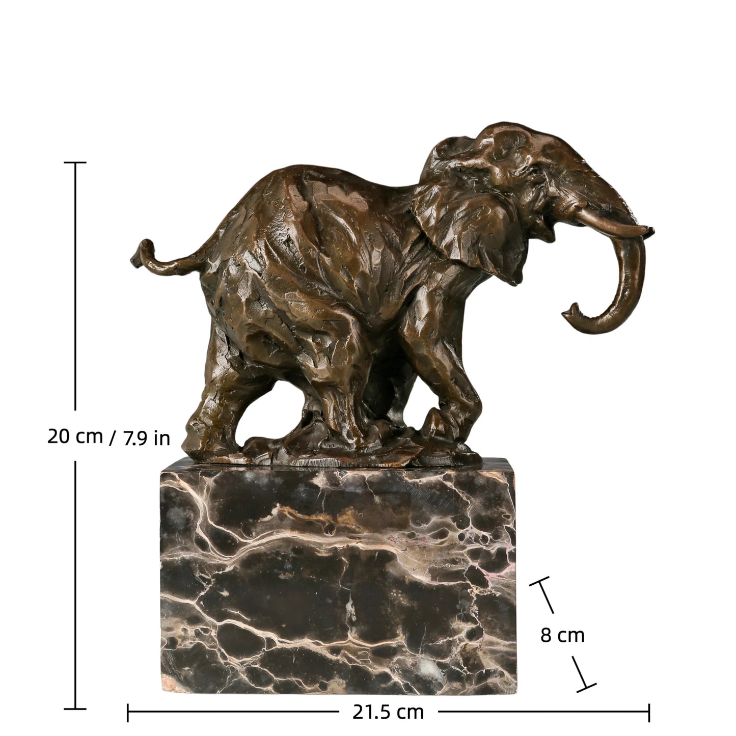 Dynamic bronze elephant sculpture featuring expressive texture and raised trunk. A striking wildlife statue symbolizing strength, resilience, and prosperity.