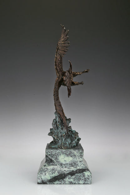 Eagle taking flight bronze sculpture with detailed feathers and marble base. Perfect wildlife statue for home decor, office, and collectors.