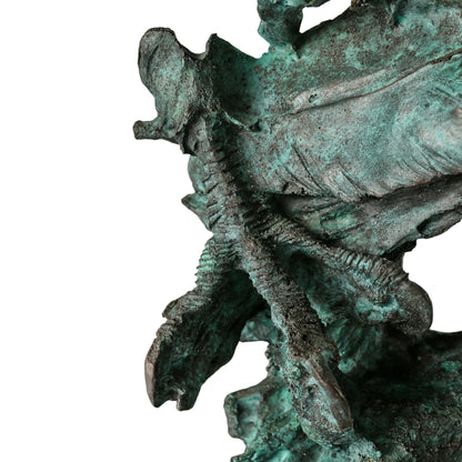 Abstract bronze eagle head sculpture with striking verdigris patina and marble base. A bold wildlife statue symbolizing freedom, strength, and vision.