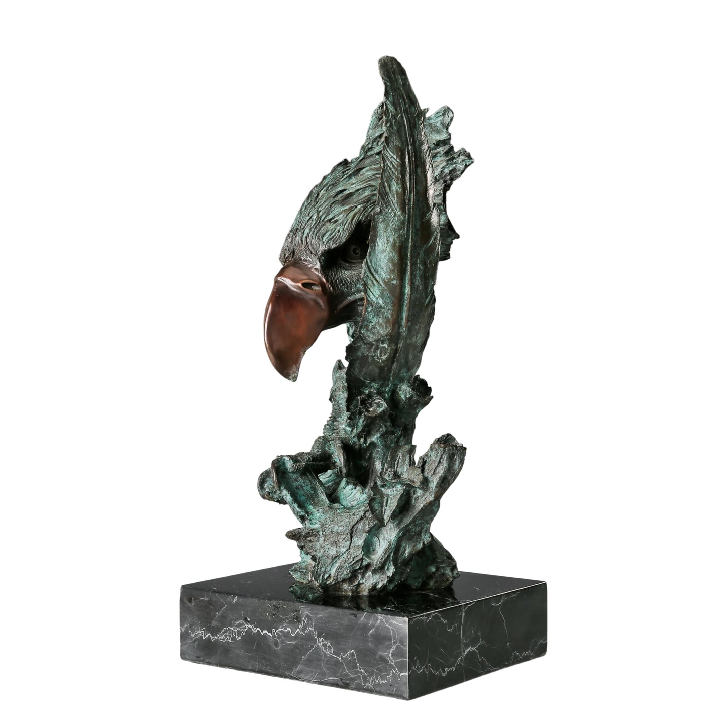 Abstract bronze eagle head sculpture with striking verdigris patina and marble base. A bold wildlife statue symbolizing freedom, strength, and vision.