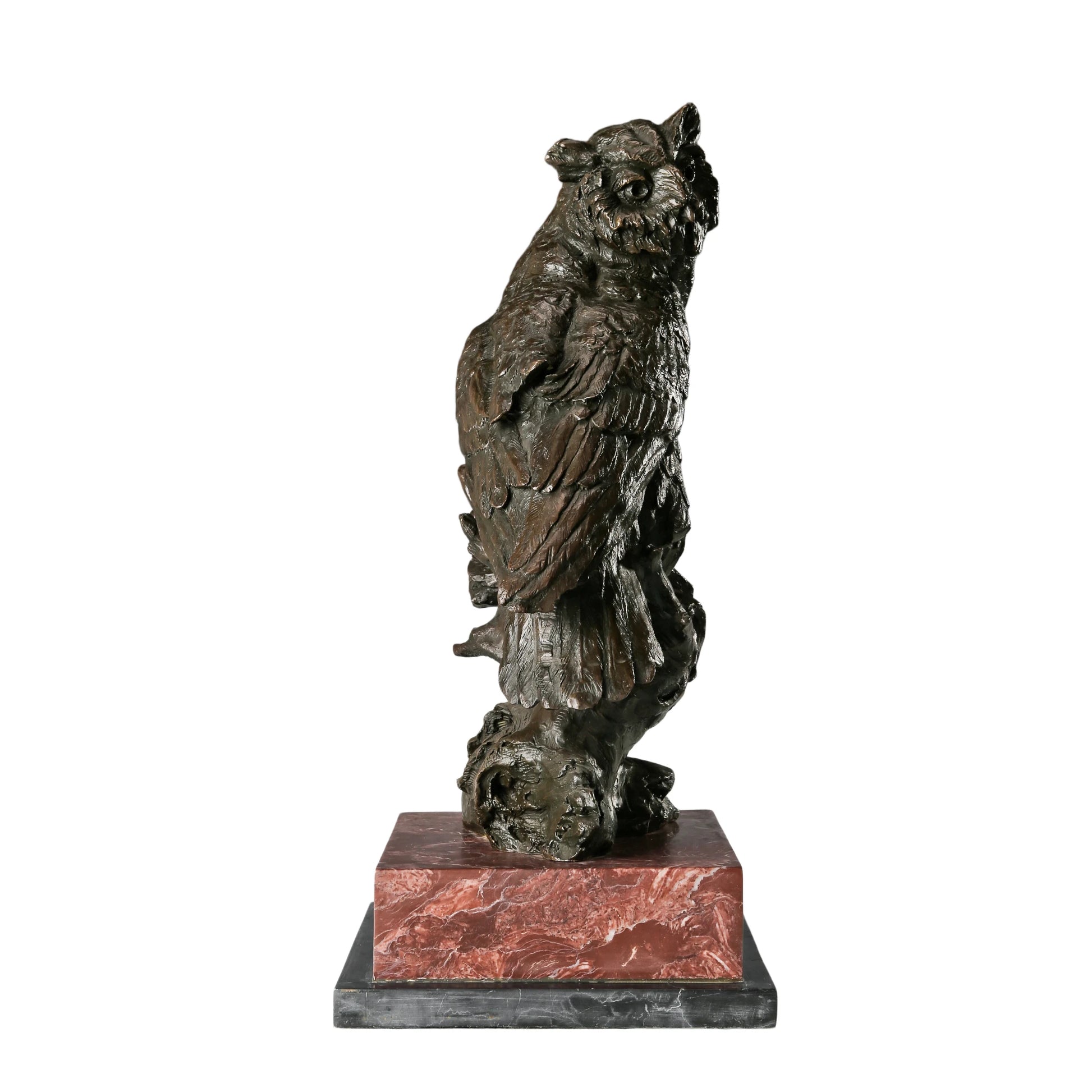 a realistic bronze owl sculpture with detailed feather textures and a striking red and black marble base. A symbol of wisdom, perfect for home, office, or library decor.
