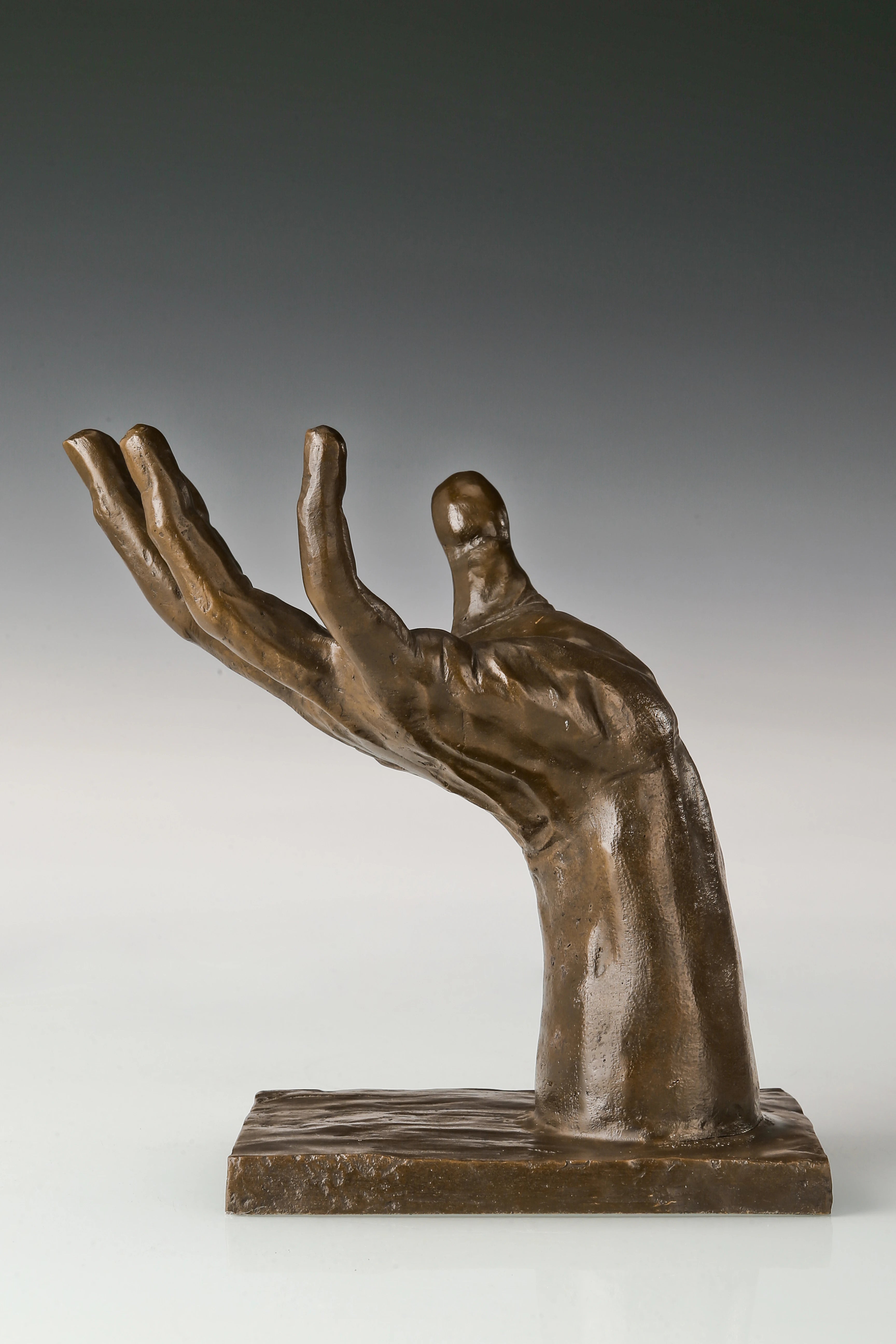 Helping Hand Surreal Bronze Sculpture hand-applied patina detail
