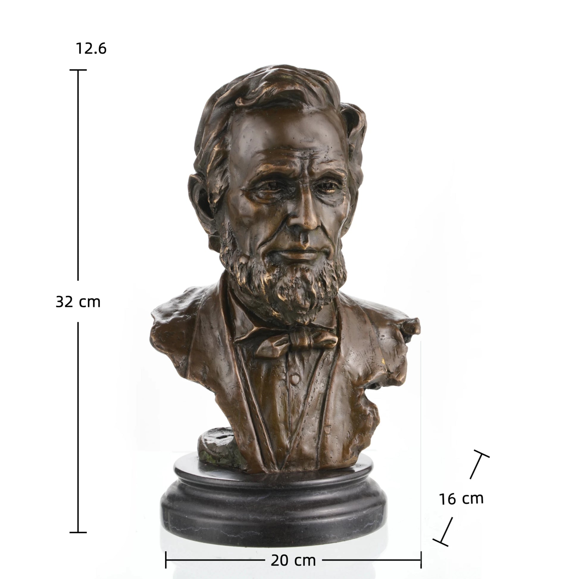 Own this realistic Abraham Lincoln Bronze Bust. Hand-cast in solid bronze on a black marble base, this museum-quality presidential statue symbolizes leadership and integrity. Perfect for lawyer office decor and historical art collections.