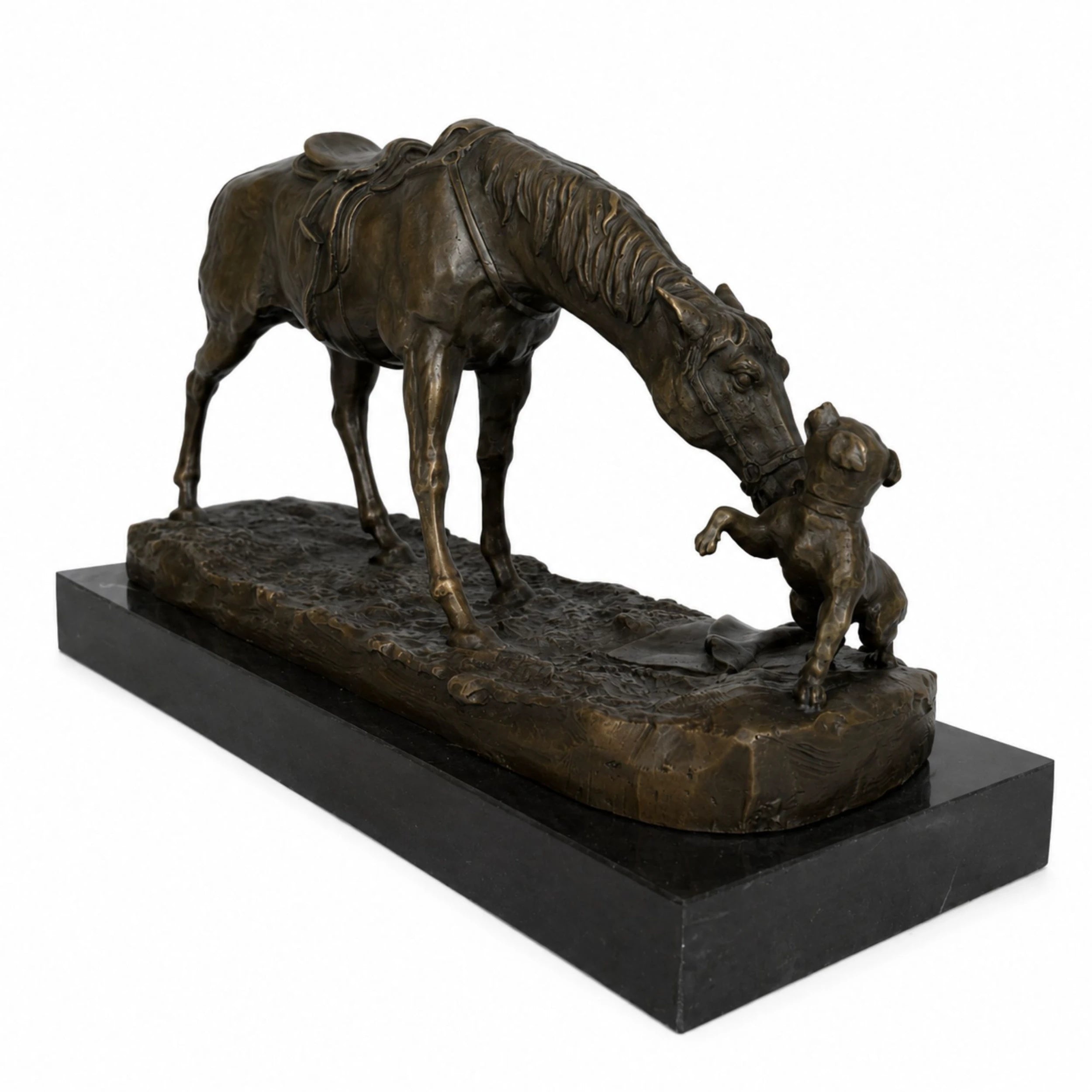 Angled view of bronze horse and dog statue showing the warm interaction between the two animals
