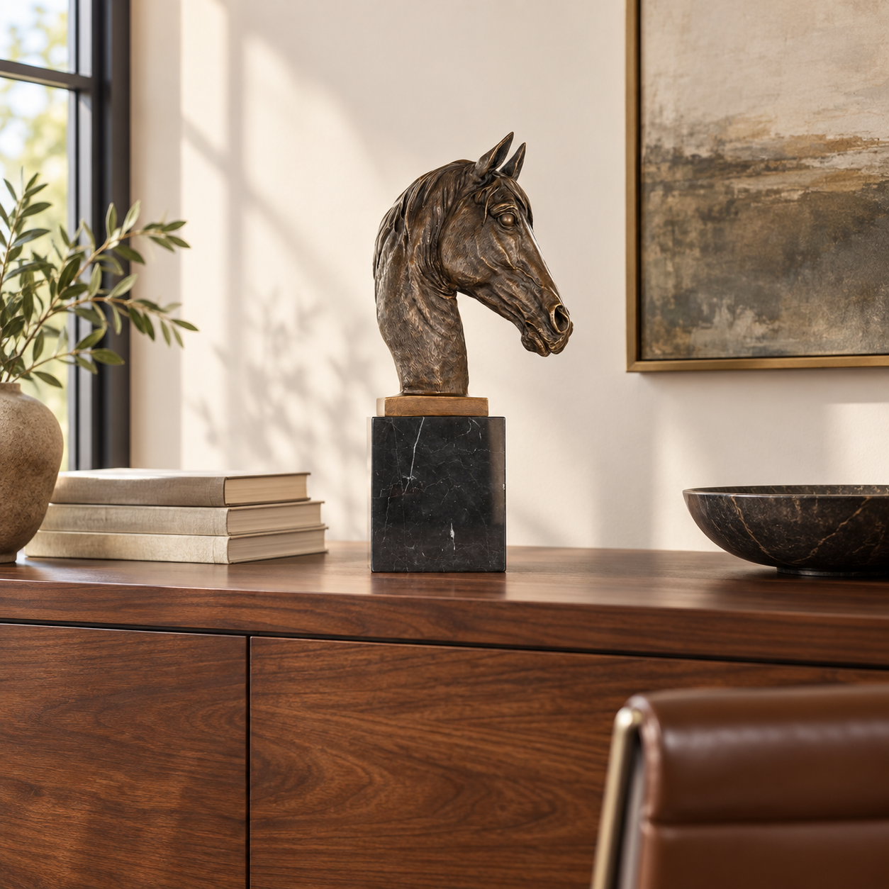 Horse Head Bust bronze sculpture displayed in a minimalist interior