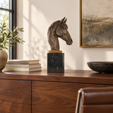 Horse Head Bust bronze sculpture displayed in a minimalist interior
