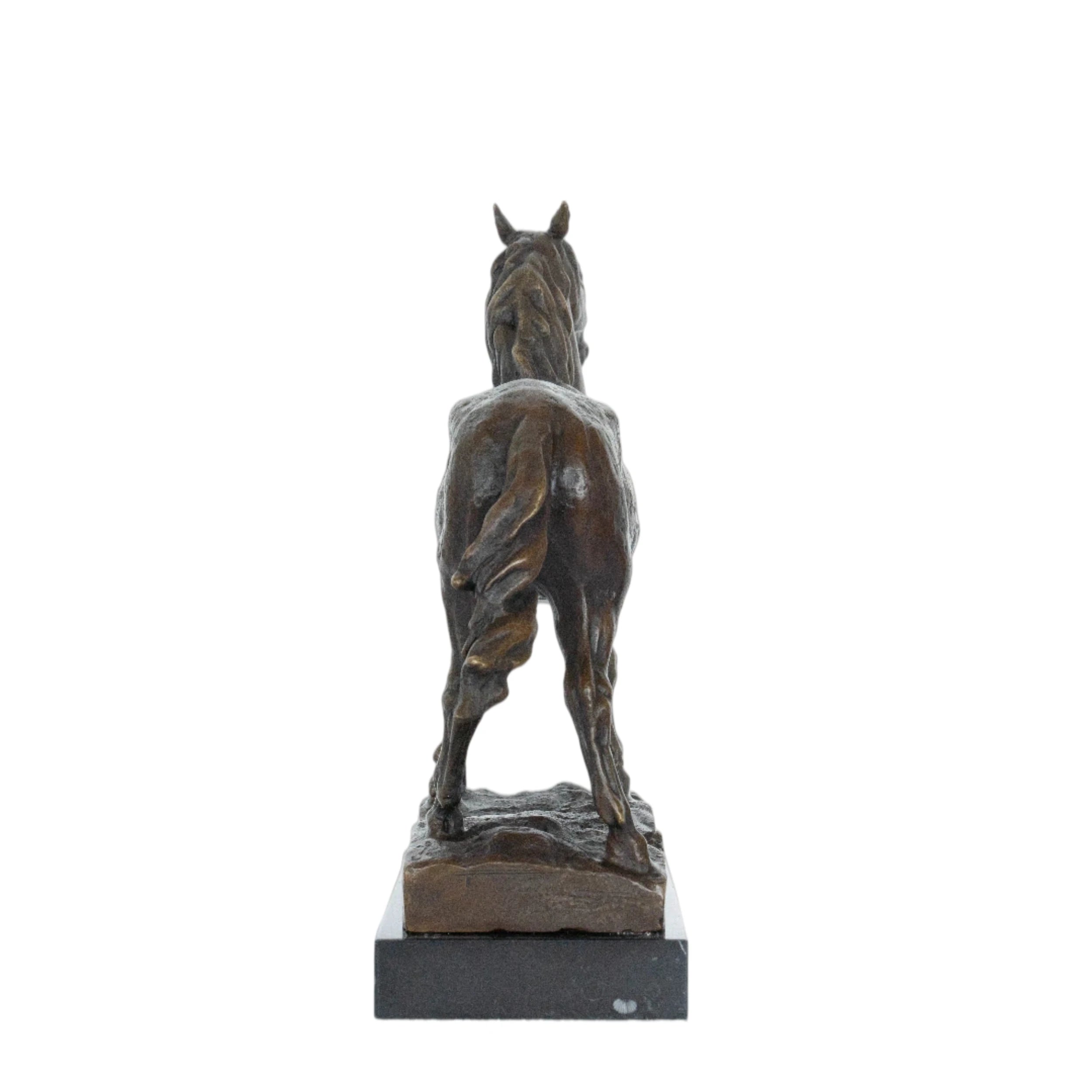 Realistic standing horse bronze sculpture with detailed mane on marble base