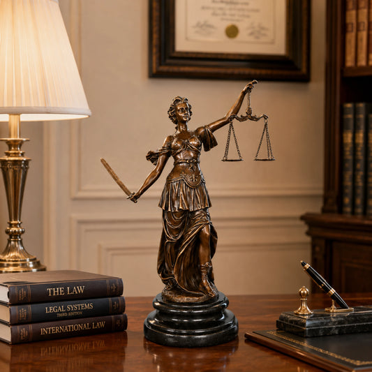 Lady Justice bronze statue displayed as professional law office and legal library decor