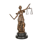Handcrafted Lady Justice bronze statue holding scales and sword with detailed classical drapery
