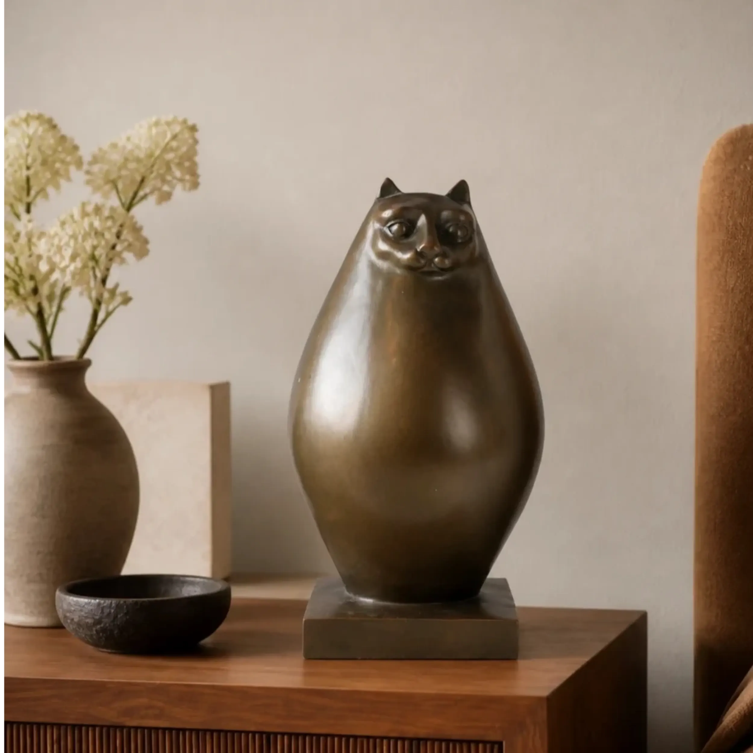 Large abstract cat bronze sculpture with minimalist rounded form