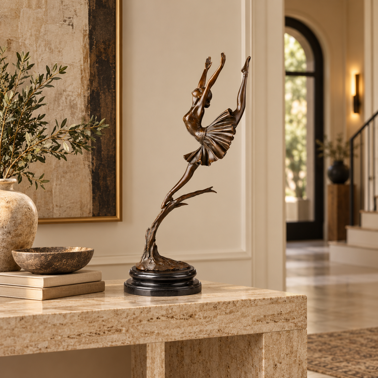 Leaping Ballerina bronze sculpture displayed in a refined interior