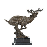 Front view of leaping reindeer bronze sculpture with detailed antlers