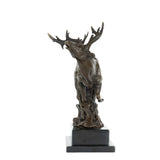 Front view of leaping reindeer bronze sculpture with detailed antlers
