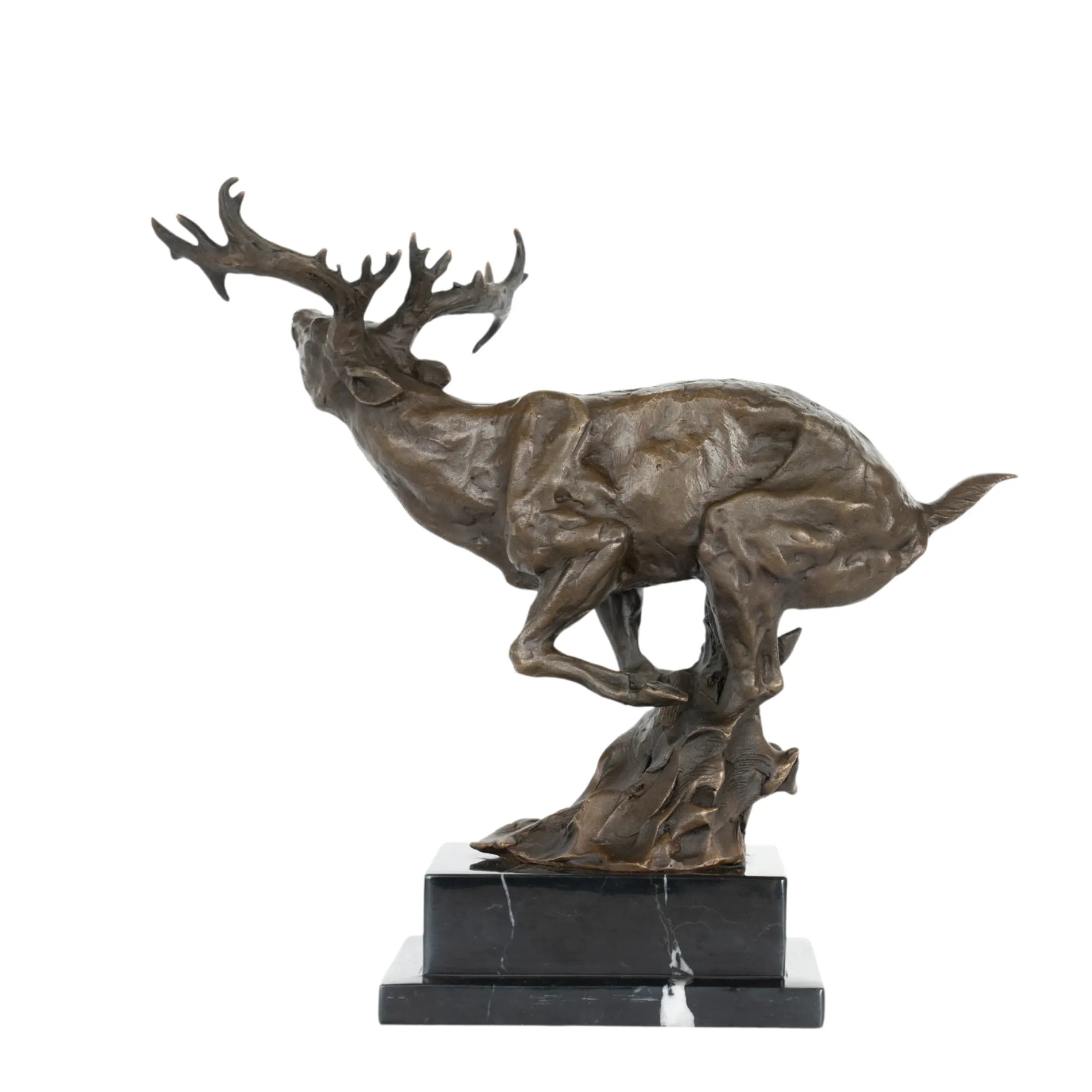 Left side view of leaping reindeer bronze statue on marble base