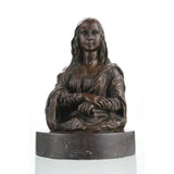 Mona Lisa bronze bust sculpture after Leonardo da Vinci, Renaissance woman statue with crossed hands on round black marble base, loss wax casting fine art.