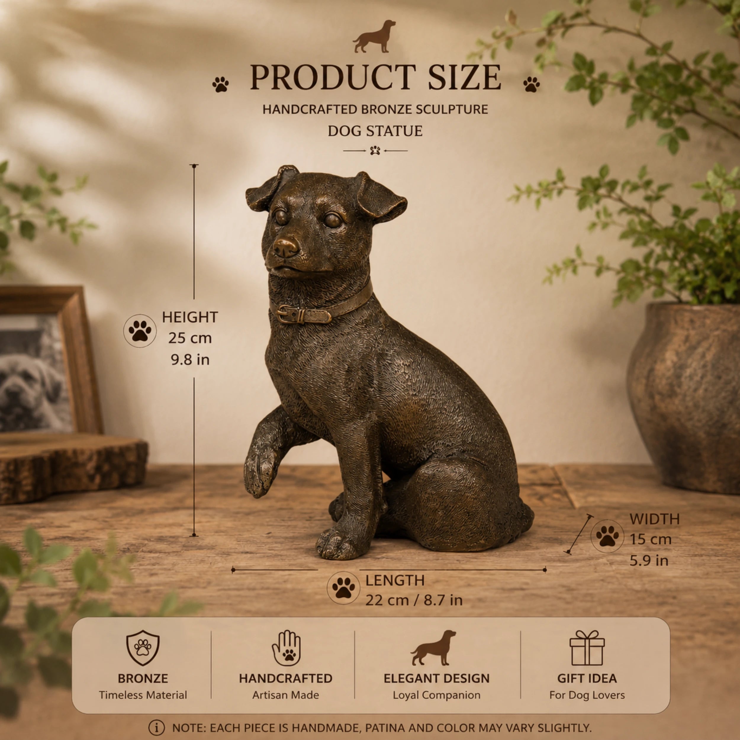 A lifelike bronze terrier dog sculpture in a seated pose with one paw gently raised, a charming accent for home decor or gift for dog lovers.