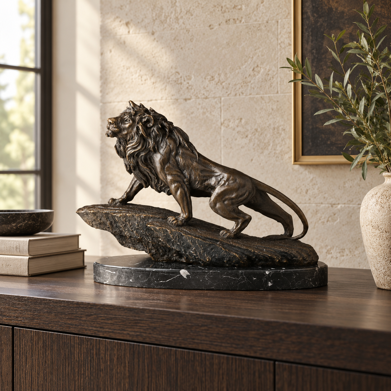 Lion on Rock Bronze Sculpture displayed in a minimalist interior