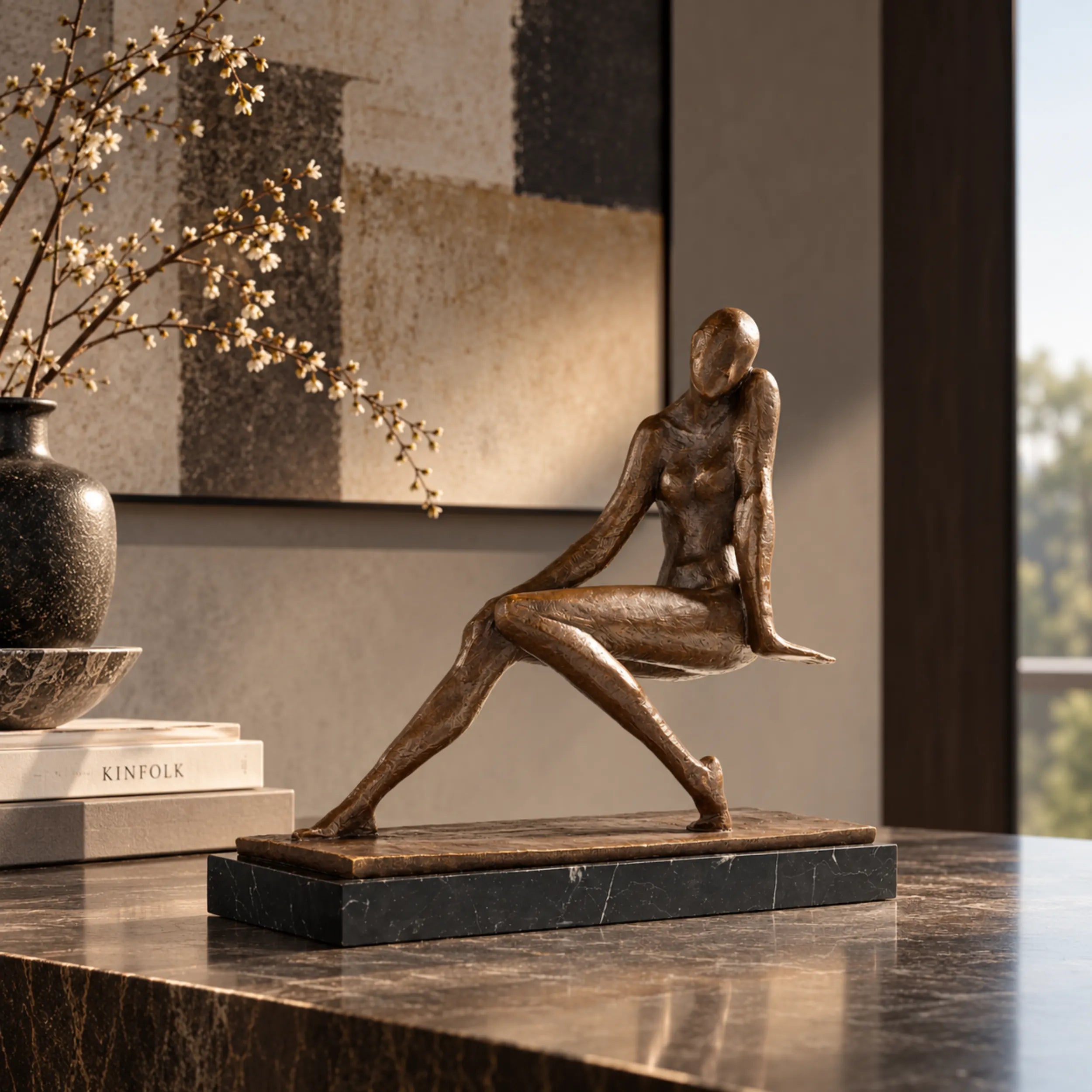Listening woman bronze sculpture displayed on a light stone bedside table in a warm neutral bedroom