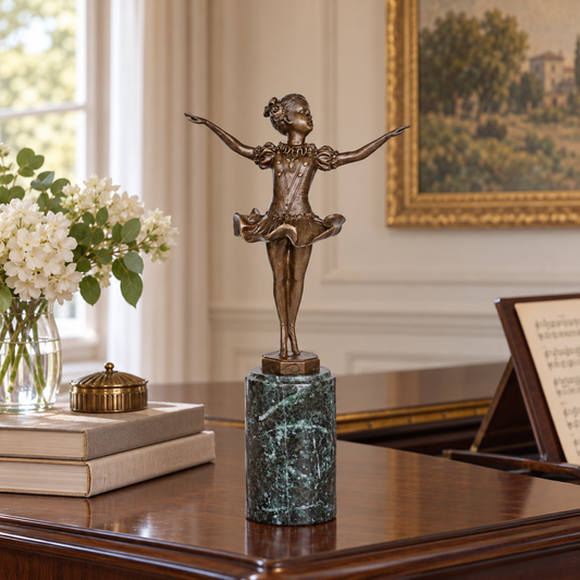 Little ballerina bronze sculpture displayed in an elegant bedroom as decorative art