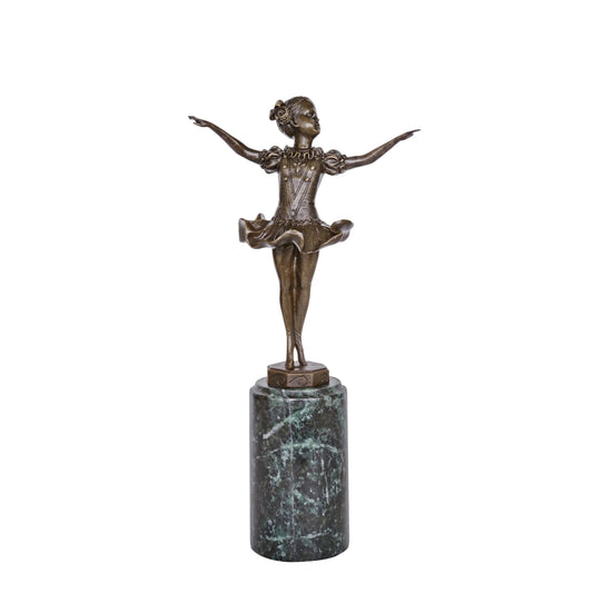 Front view of little ballerina bronze sculpture with extended arms and a classical ballet dress