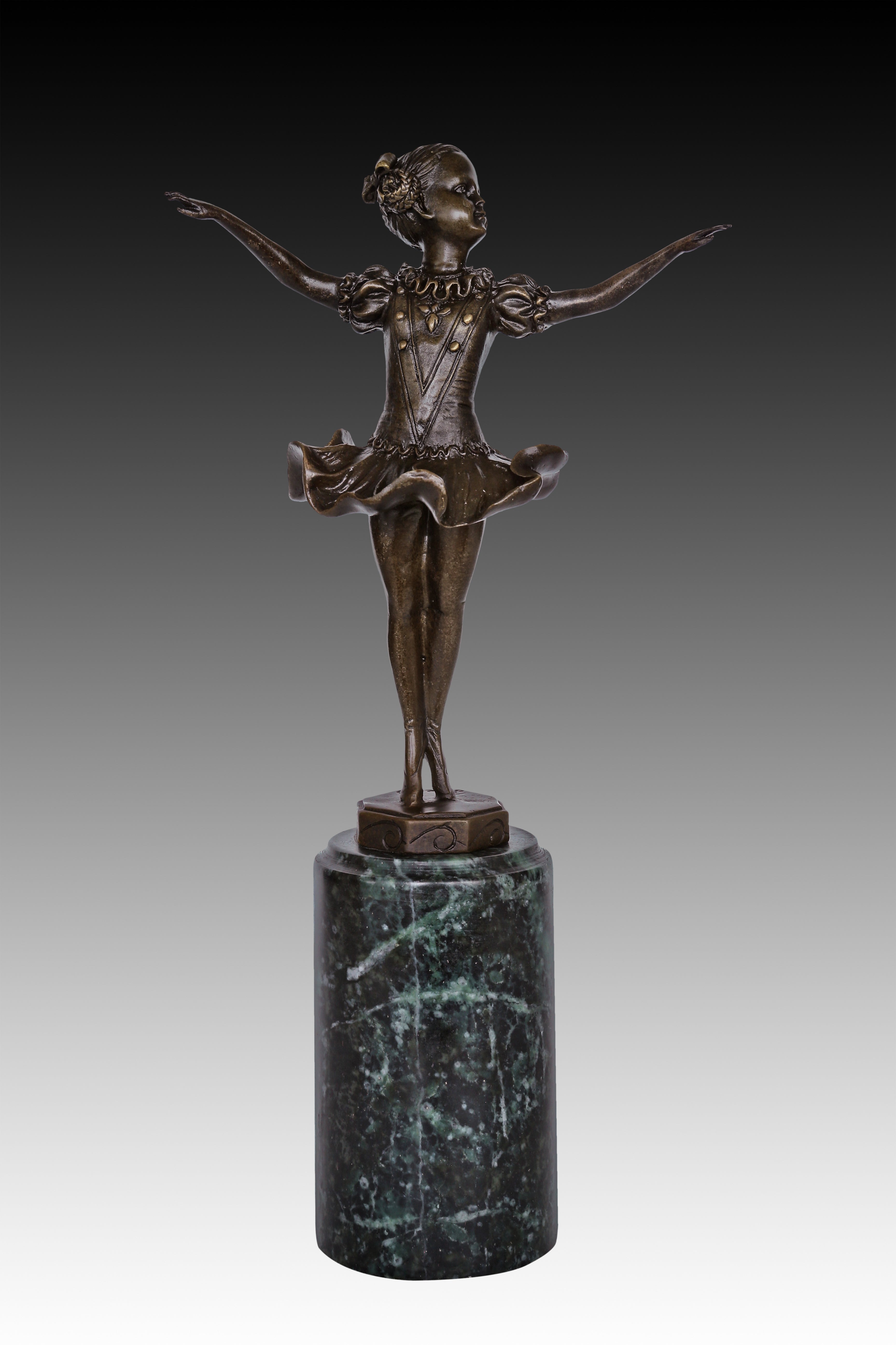 Side view of young ballet dancer bronze statue featuring puff sleeves and a green marble pedestal