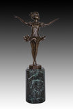 Side view of young ballet dancer bronze statue featuring puff sleeves and a green marble pedestal