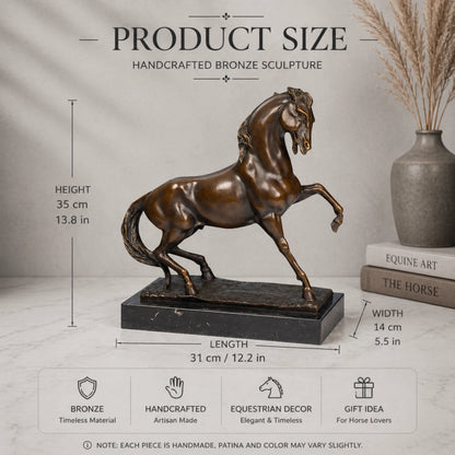 lively bronze horse sculpture with raised foreleg and flowing mane, realistic equestrian statue on black marble base, lost wax casting fine art.