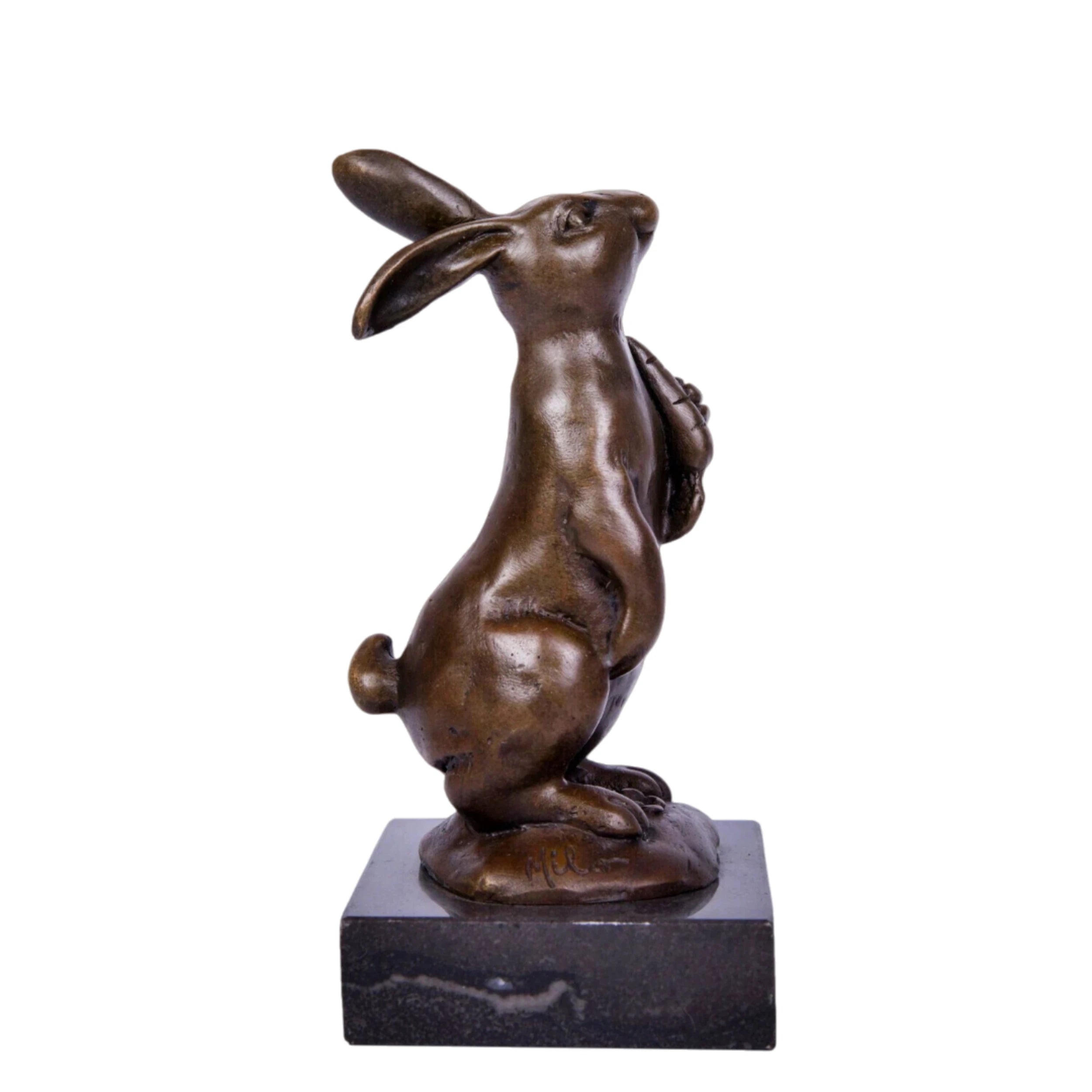 Looking-Up Rabbit Bronze Sculpture on a clean white background