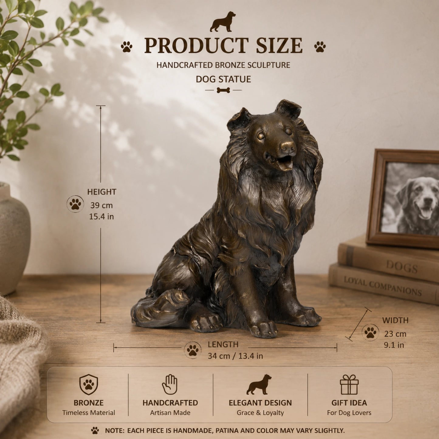 size of a lost-wax cast bronze collie statue showing the flowing texture of its long coat and the integrated bronze base for stability.