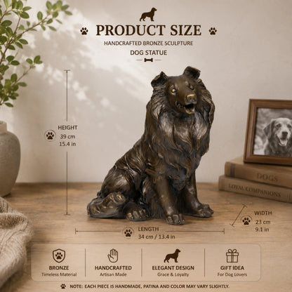 size of a lost-wax cast bronze collie statue showing the flowing texture of its long coat and the integrated bronze base for stability.