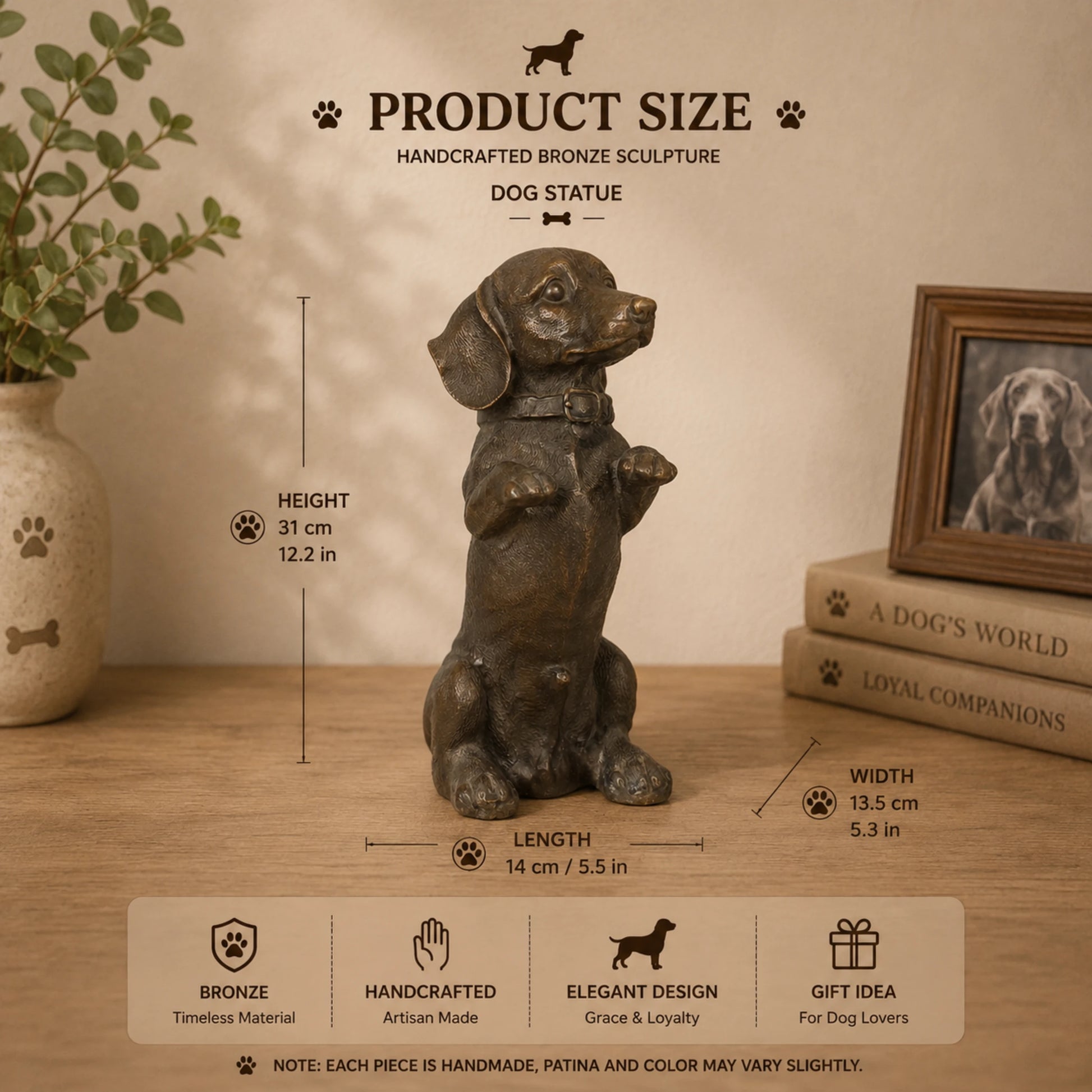 Charming bronze dachshund sculpture crafted using the lost-wax casting method. A playful wiener dog statue symbolizing loyalty, joy, and companionship.