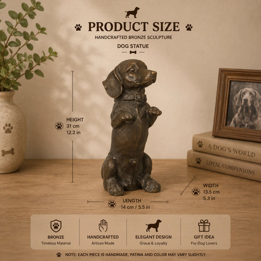 Charming bronze dachshund sculpture crafted using the lost-wax casting method. A playful wiener dog statue symbolizing loyalty, joy, and companionship.