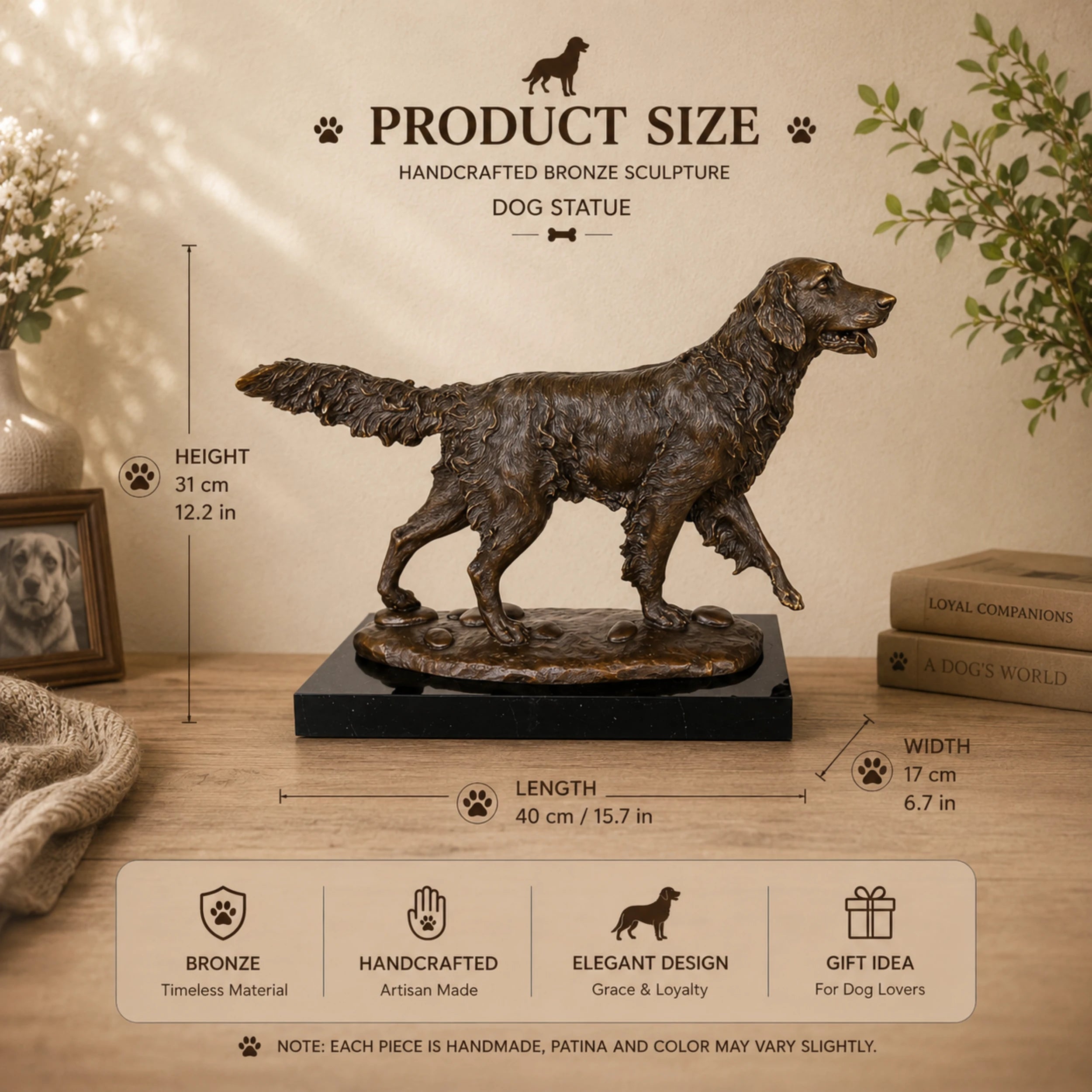  lost-wax cast bronze golden retriever dog statue with head held high and tongue slightly lolling, showing energetic and friendly details.