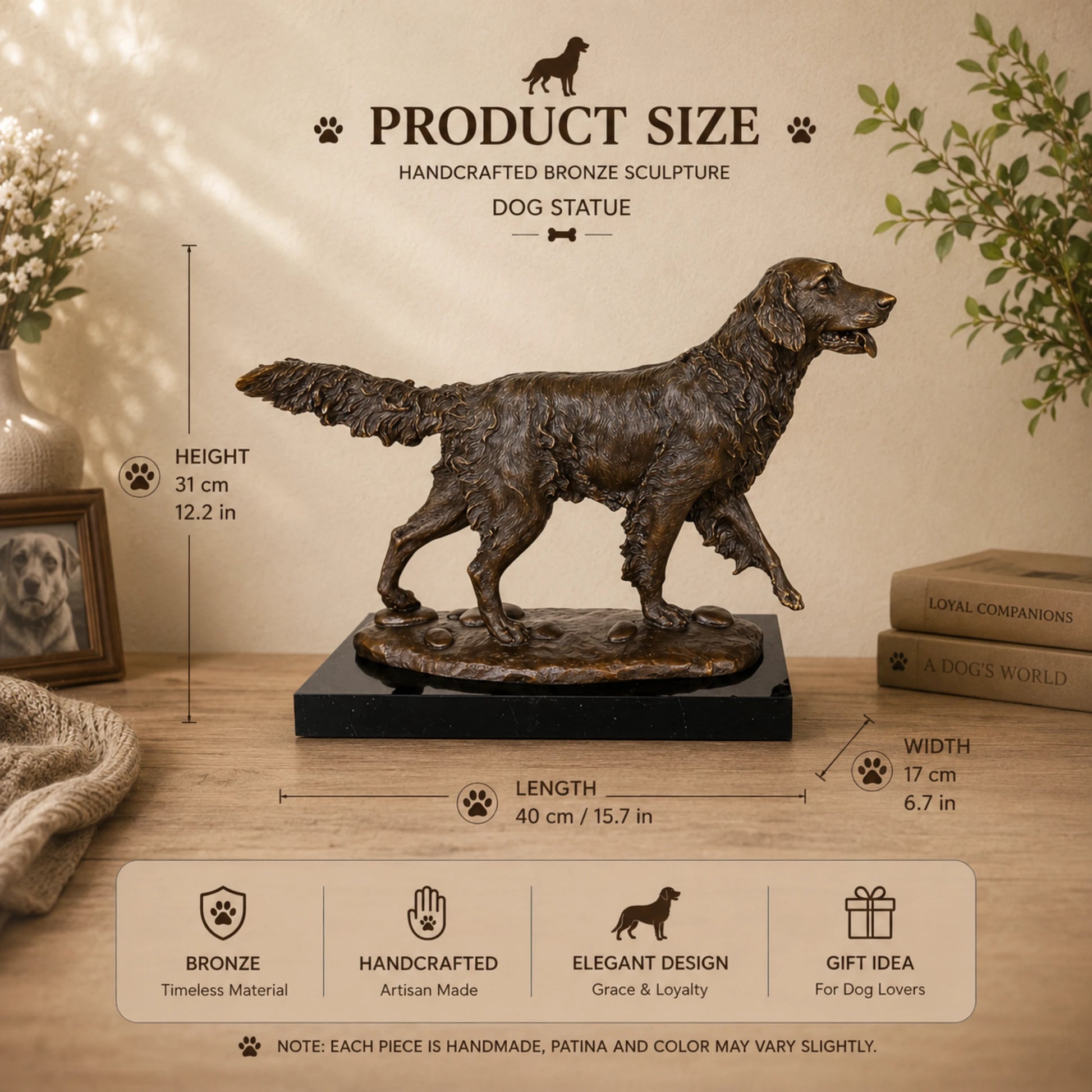  lost-wax cast bronze golden retriever dog statue with head held high and tongue slightly lolling, showing energetic and friendly details.