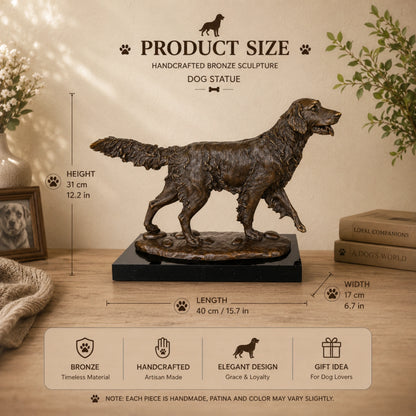  lost-wax cast bronze golden retriever dog statue with head held high and tongue slightly lolling, showing energetic and friendly details.