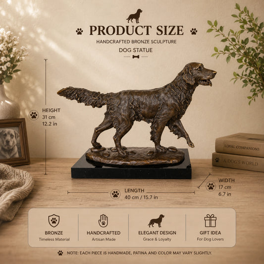  lost-wax cast bronze golden retriever dog statue with head held high and tongue slightly lolling, showing energetic and friendly details.