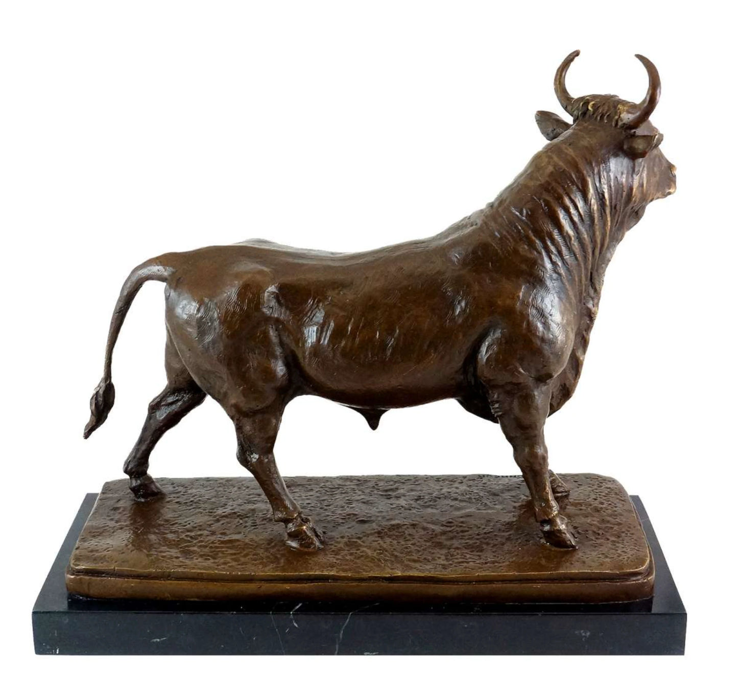 premium lost-wax bronze standing bull sculpture on a black marble base