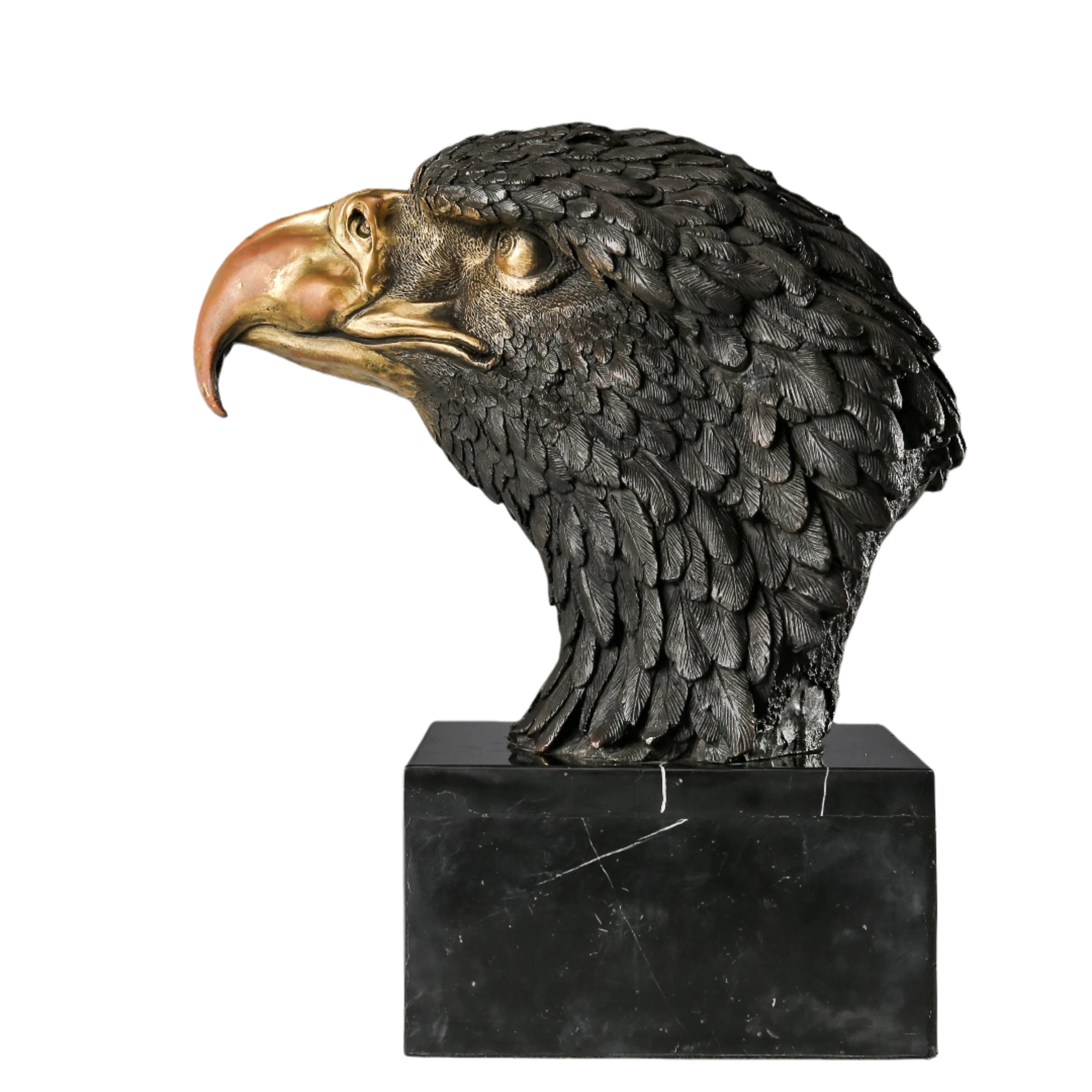 This bronze sculpture portrays the majestic head of a bald eagle in a powerful bust form, expertly crafted using the traditional lost-wax casting technique. The sculpture captures the eagle in a regal and alert pose, its head turned slightly to the side as if scanning the horizon with sharp focus and commanding presence.