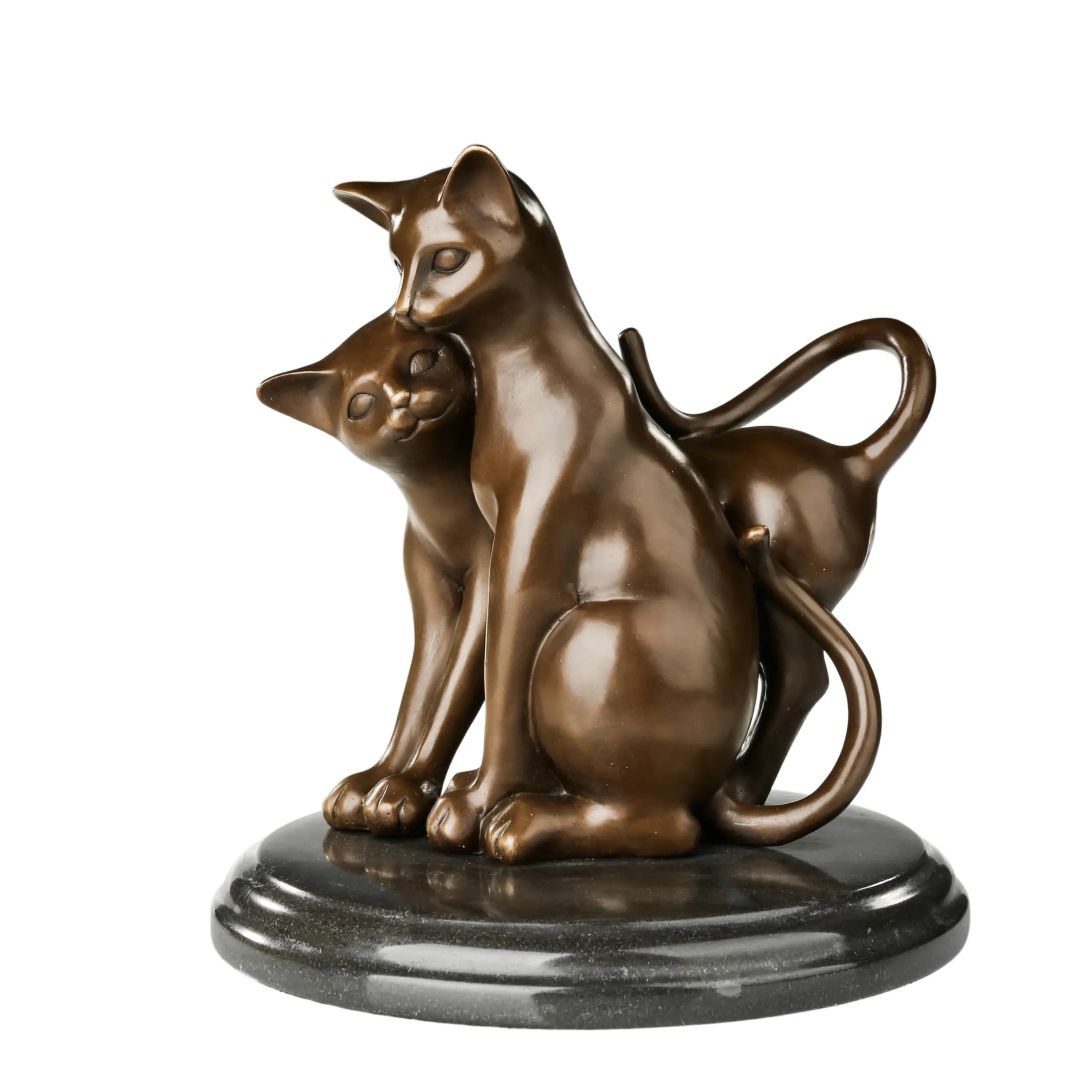 Front view of loving cats bronze sculpture featuring an affectionate cat couple