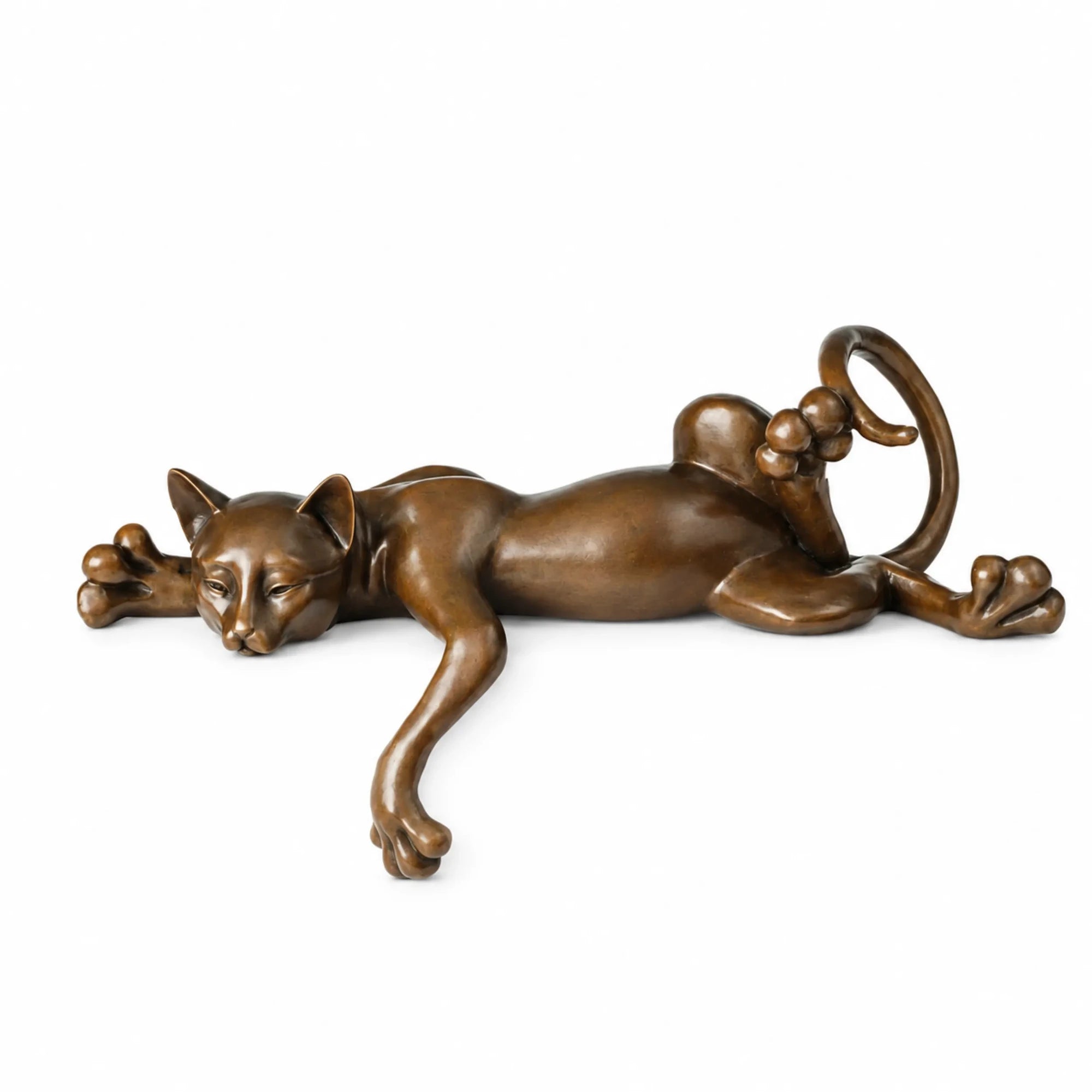 Handcrafted lying cat bronze sculpture in a playful relaxed pose