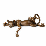 Handcrafted lying cat bronze sculpture in a playful relaxed pose