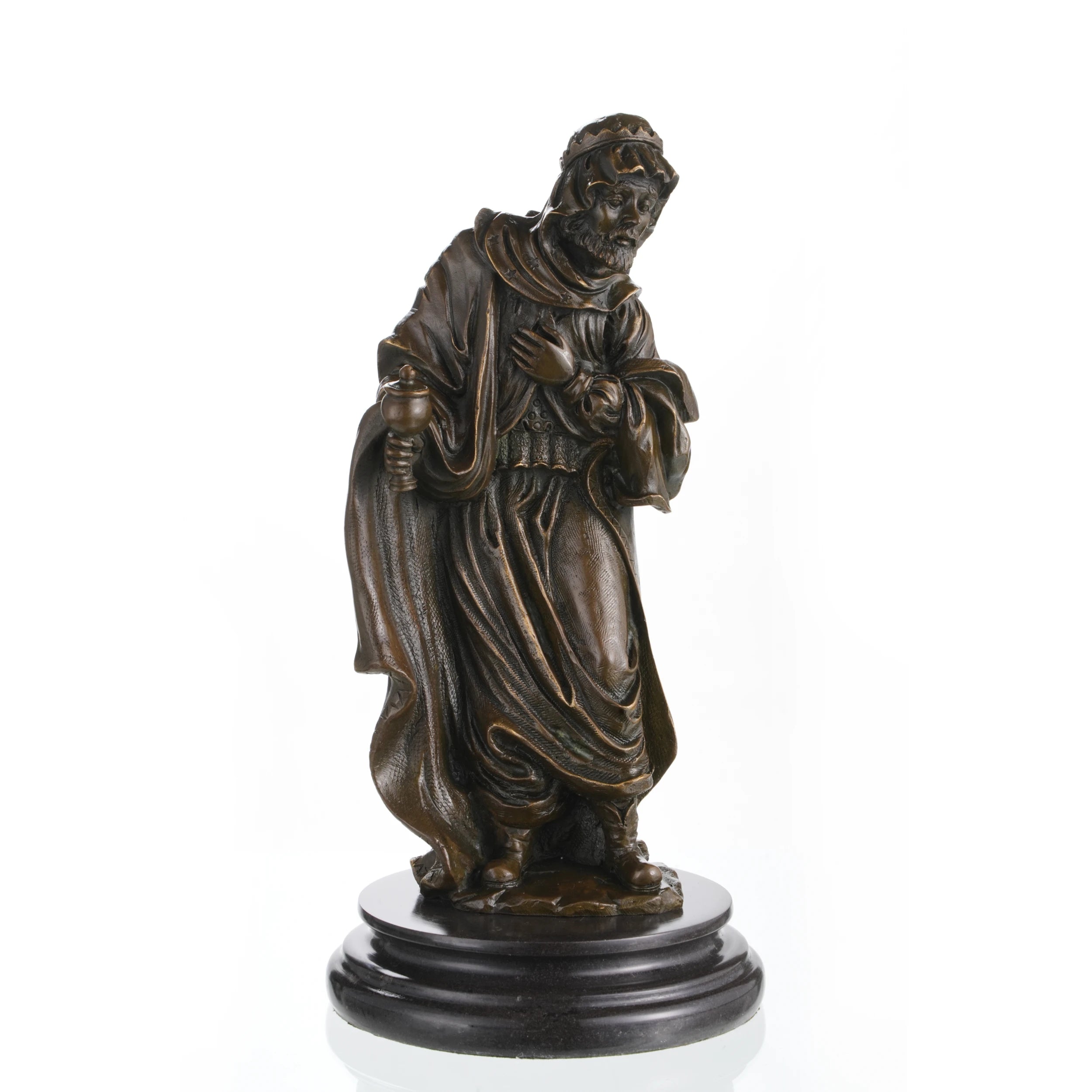 Solid bronze biblical magus statue with offering vessel, sacred religious wise man sculpture on round marble base.