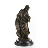 Solid bronze biblical magus statue with offering vessel, sacred religious wise man sculpture on round marble base.