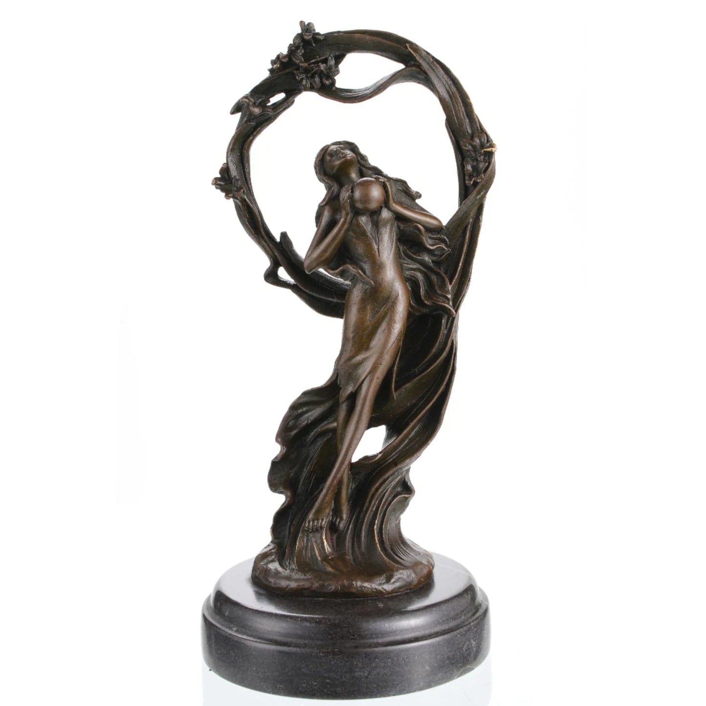 Elegant Art Nouveau bronze sculpture of a woman holding an orb, symbolizing mystery and transcendence. A striking decorative piece for refined interiors.