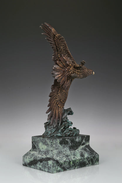 Eagle taking flight bronze sculpture with detailed feathers and marble base. Perfect wildlife statue for home decor, office, and collectors.