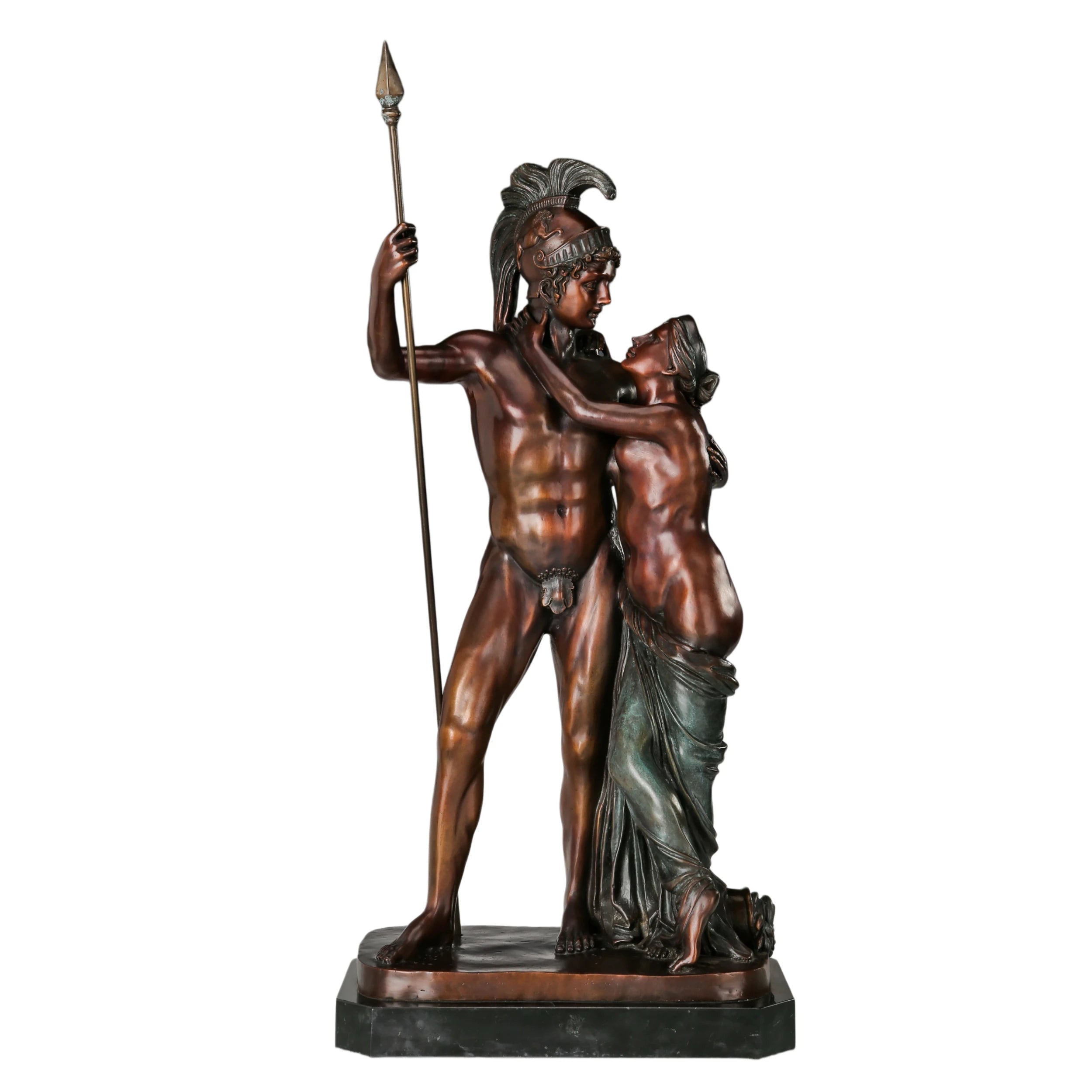 Handcrafted Mars and Venus bronze sculpture with warm bronze and verdigris patina