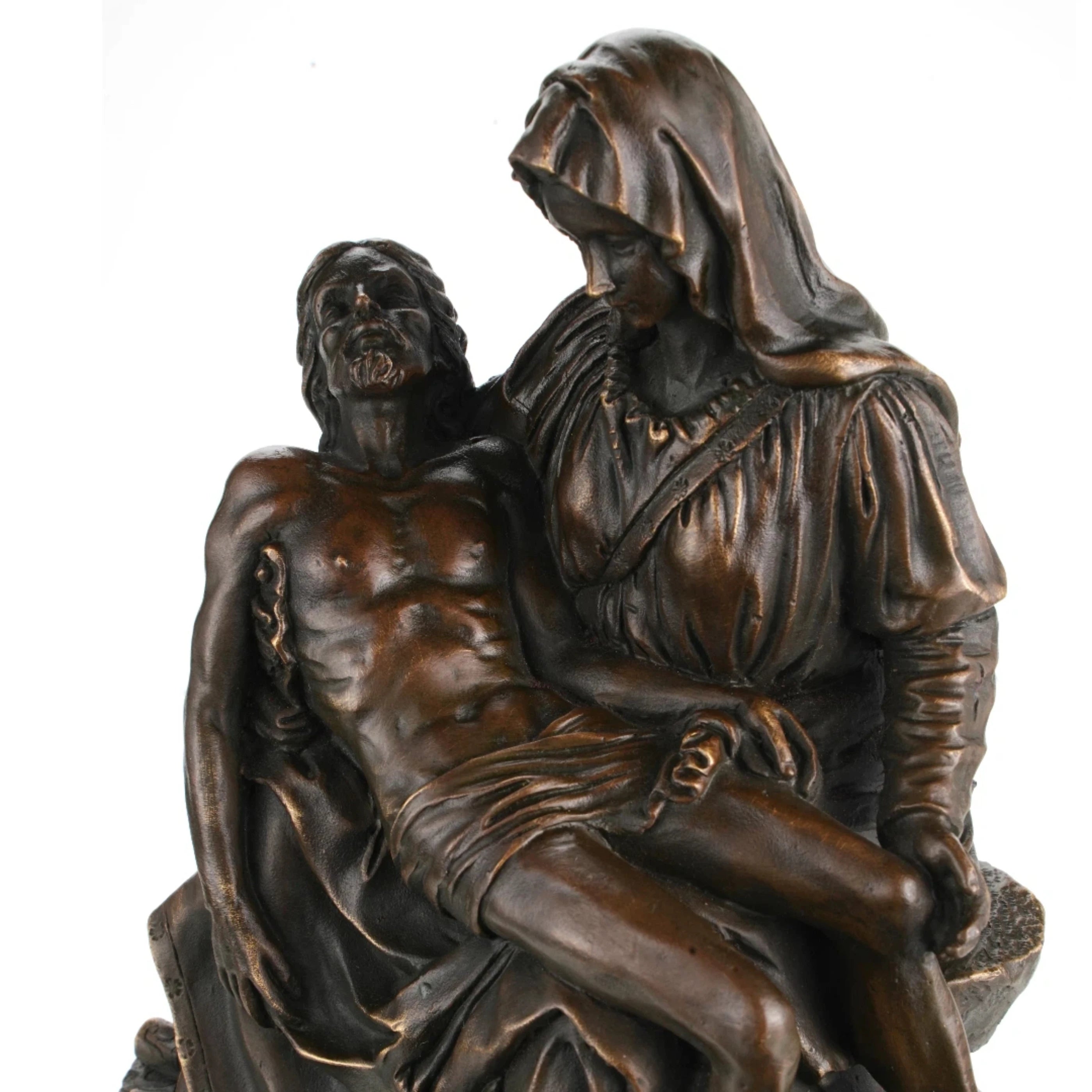 Virgin Mary sorrow expression detail in bronze Pietà sculpture