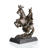 Medieval knight in plate armor on rearing horse bronze statue, detailed horse barding and armor sculpture  on black marble base, loss wax casting historical art.