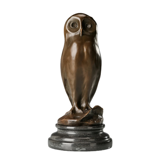 Handcrafted minimalist bronze owl sculpture with smooth form and large expressive eyes