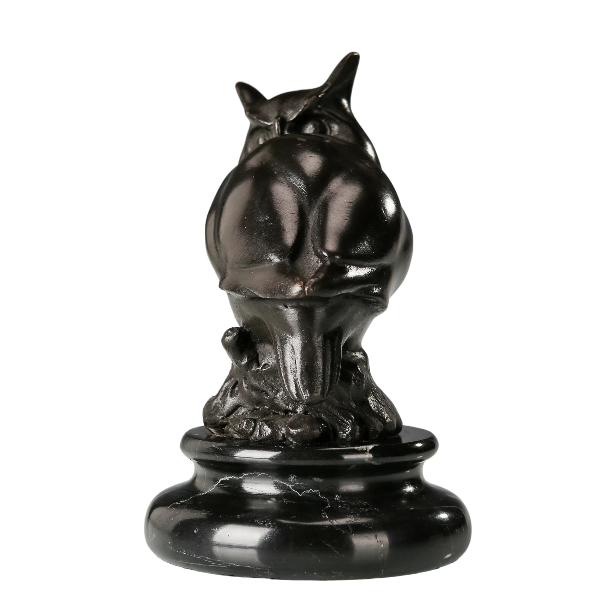 a modern abstract bronze owl sculpture with smooth minimalist lines and a black marble base. A stylish symbol of wisdom, perfect for contemporary home or office decor.